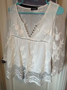 Cotton-Blend White Embroidered V-Neck Peasant Blouse